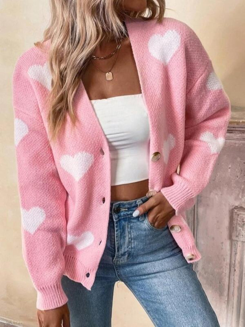 Women'S Heart Print Button Front Drop Shoulder Cardigan, Casual Long Sleeve V Neck Knitwear for Fall & Winter, Women Clothing